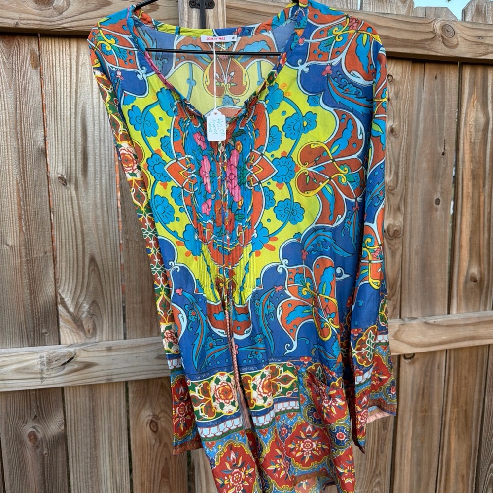 Johnny Was Valenti tie-neck Multicolor Georgette Tunic with front pockets - Picture 10 of 10